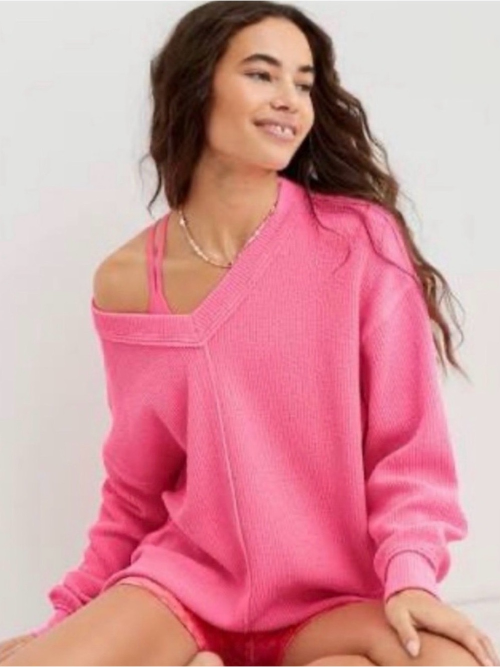 Aerie Pink V-Neck Ribbed Top Oversized Small